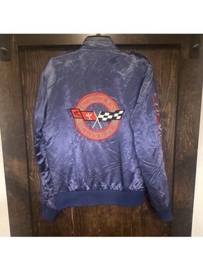 Style Auto Men's Navy Satin Corvette Embroidered Bomber Jacket Vintage